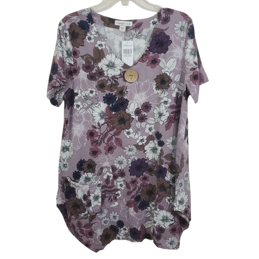 NWT Coldwater Creek Top Asymmetrical Boho Linen Purple Floral Lagenlook Small